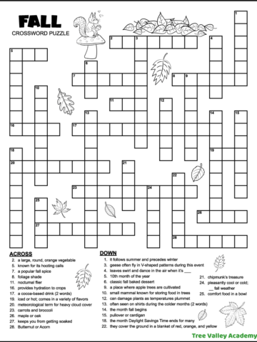 Printable 4th Grade Fall Crossword Puzzle - Tree Valley Academy