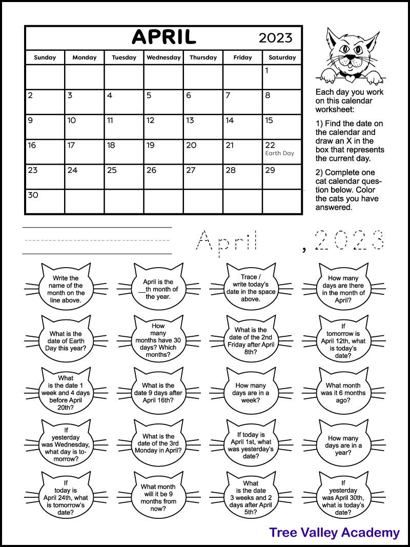 Calendar Worksheet for April 2025 Tree Valley Academy