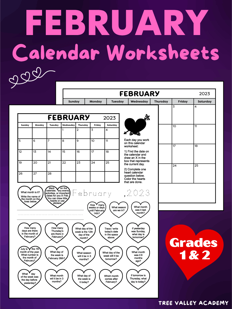 February 2025 Printable Calendar Worksheet for Grade 1 & 2