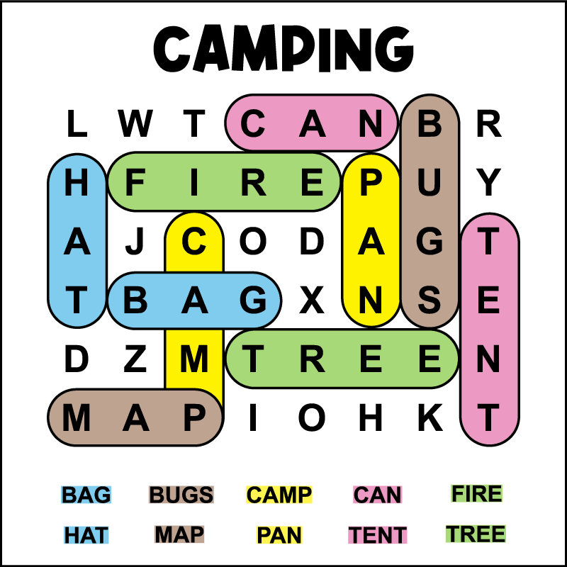 Kindergarten Camping Word Search Tree Valley Academy