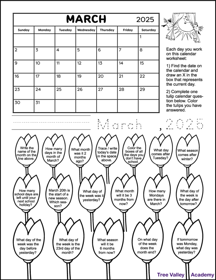 Calendar Worksheet for March 2025 Tree Valley Academy