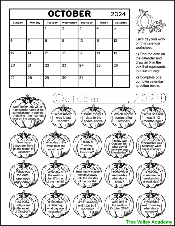 Printable Calendar Worksheet for October 2024