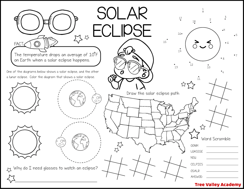 A full page printable solar eclipse activity for kids of all ages. There